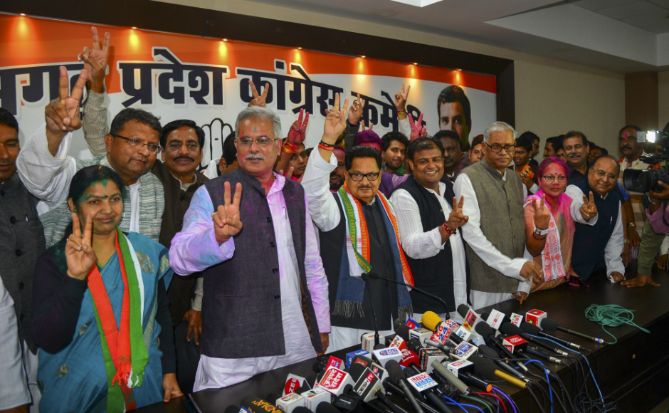 In a shock result, the Congress ended chief minister Raman Singh's uninterrupted 15-year rule in Chhattisgarh. Congress in-charge of Chhattisgarh PL Punia was flanked by party leaders displaying victory sign at a press conference after the party's win in the Assembly elections. PTI In a shock result, the Congress ended chief minister Raman Singh's uninterrupted 15-year rule in Chhattisgarh. Congress in-charge of Chhattisgarh PL Punia was flanked by party leaders displaying victory sign at a press conference after the party's win in the Assembly elections. PTI